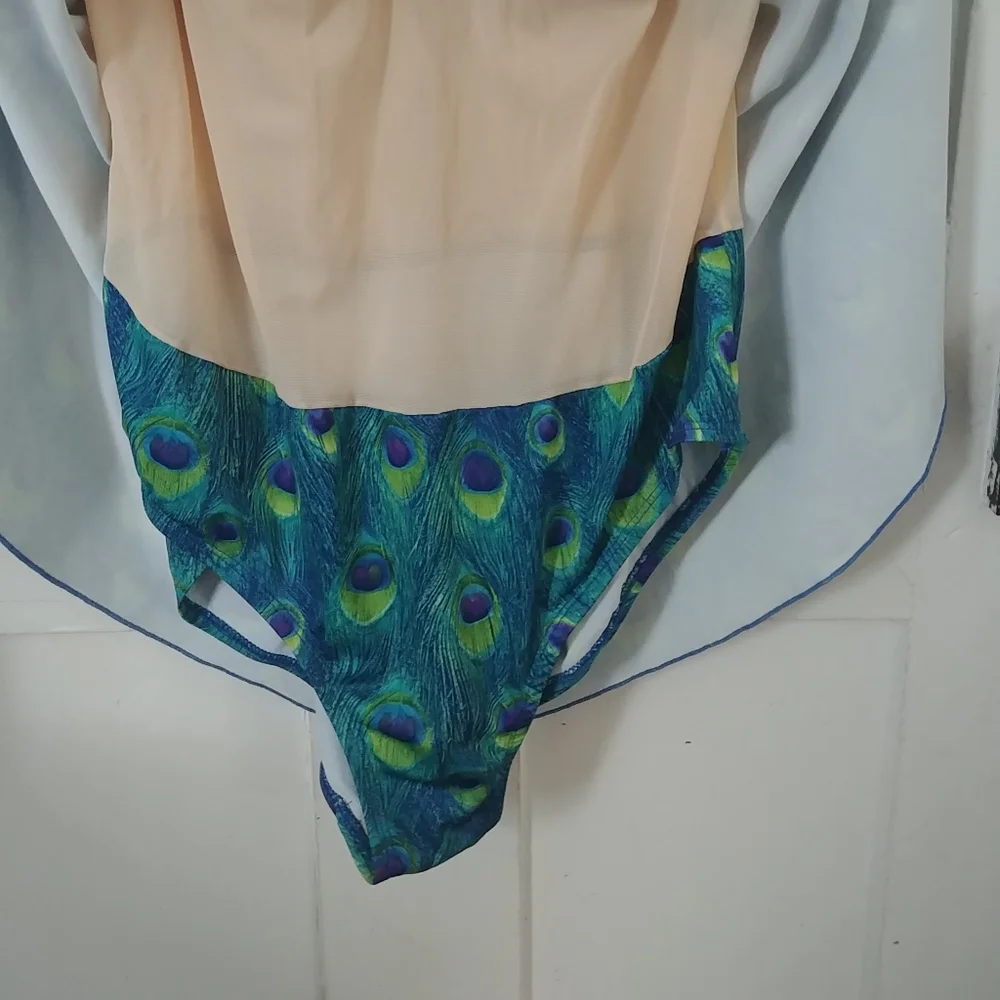 Womens Colorful Peacock Print One Piece Swimsuit Blue Green Size 24W (B) - Picture 3 of 7